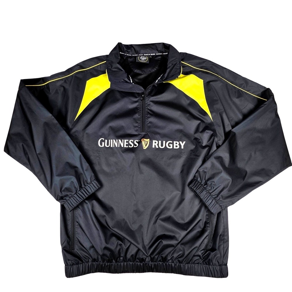Guinness Rugby Jacket Mens L Black Yellow Quarter Zip Windbreaker Pullover